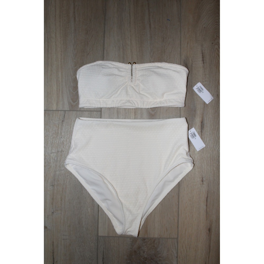 Old Navy Women's XS Cream Textured Bandeau Bikini Set High Waisted 2 Piece NWT